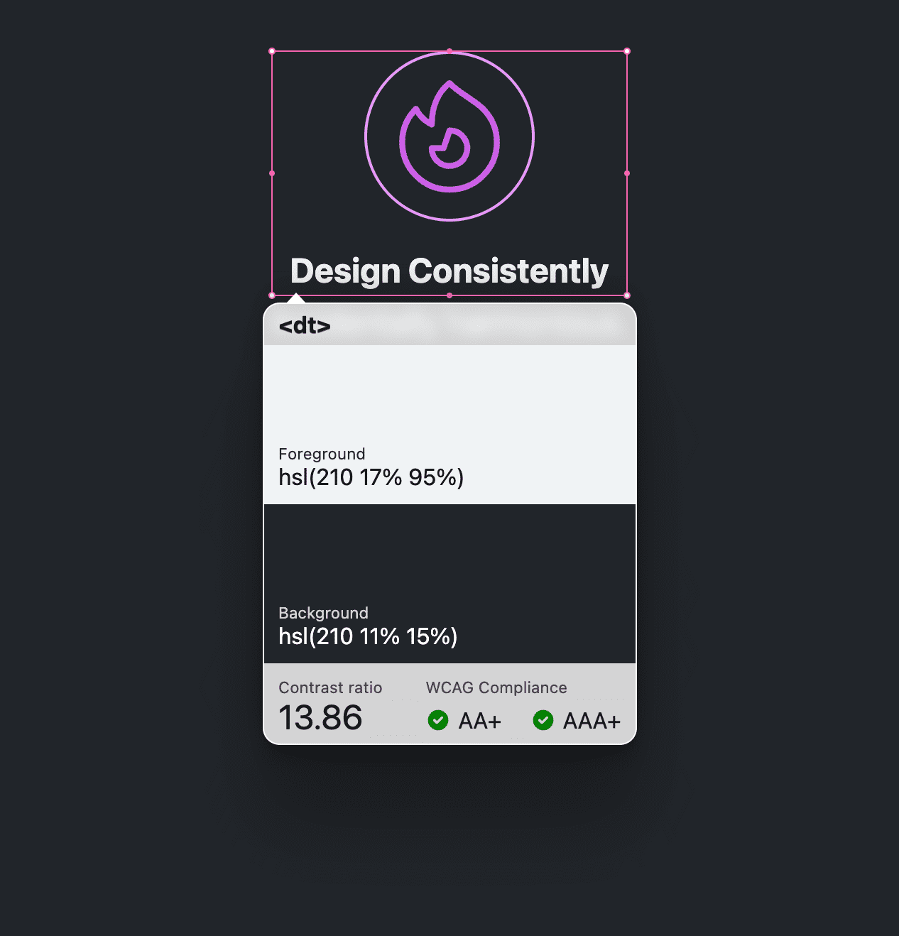 畫面上顯示含有標題和圖示的元件,周圍有粉紅色邊框,VisBug 無障礙說明工具提示會指向粉紅色方塊,並提供文字顏色和背景的顏色比較報告。比率為 13.86,已達到 AA 和 AAA 目標。