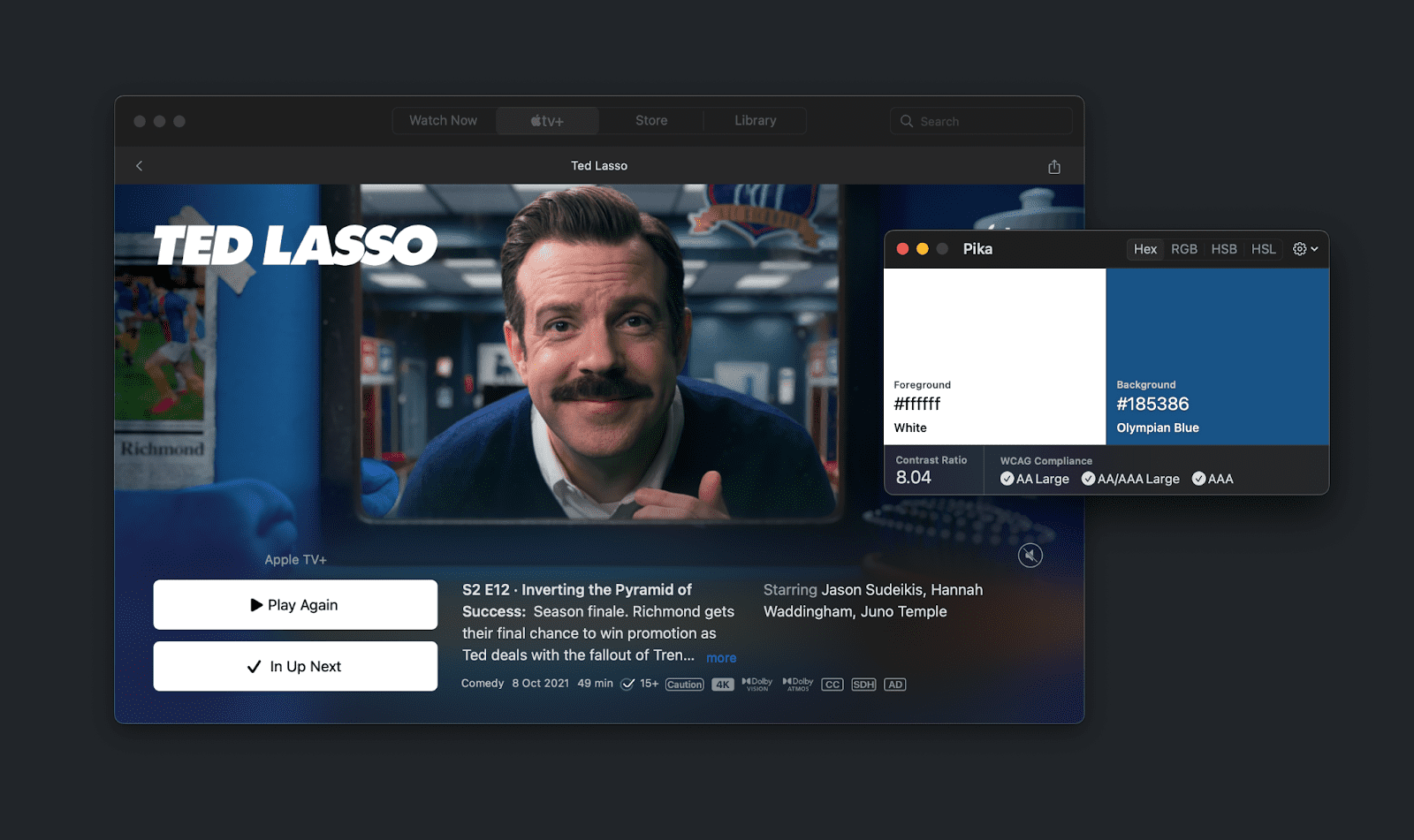 Ein Screenshot aus einer TV-Serie mit dem Titel der Serie oben. Das L ist weiß und das Blau dahinter wird verglichen. Sie haben ein Kontrastverhältnis von 8 und erfüllen die AA- und AAA-Vorgaben.