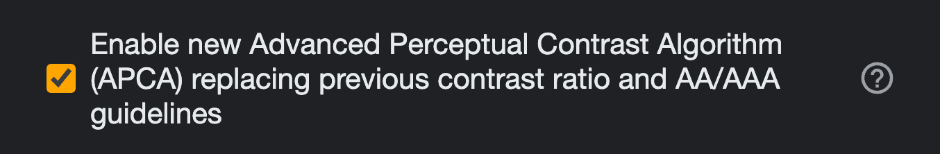 Screenshot kotak centang yang diaktifkan: 'Aktifkan Advanced Perceptual Contrast Algorithm (APCA) baru yang menggantikan rasio kontras dan pedoman AA/AAA sebelumnya.'