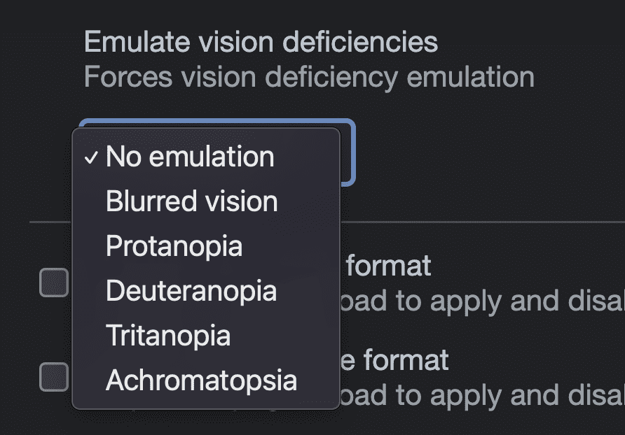 Capture d'écran des options disponibles dans les outils de développement d'émulation pour émuler des déficiences visuelles : aucune émulation, vision floue, protanopie, deutéranopie, tritanopie, achromatopsie.