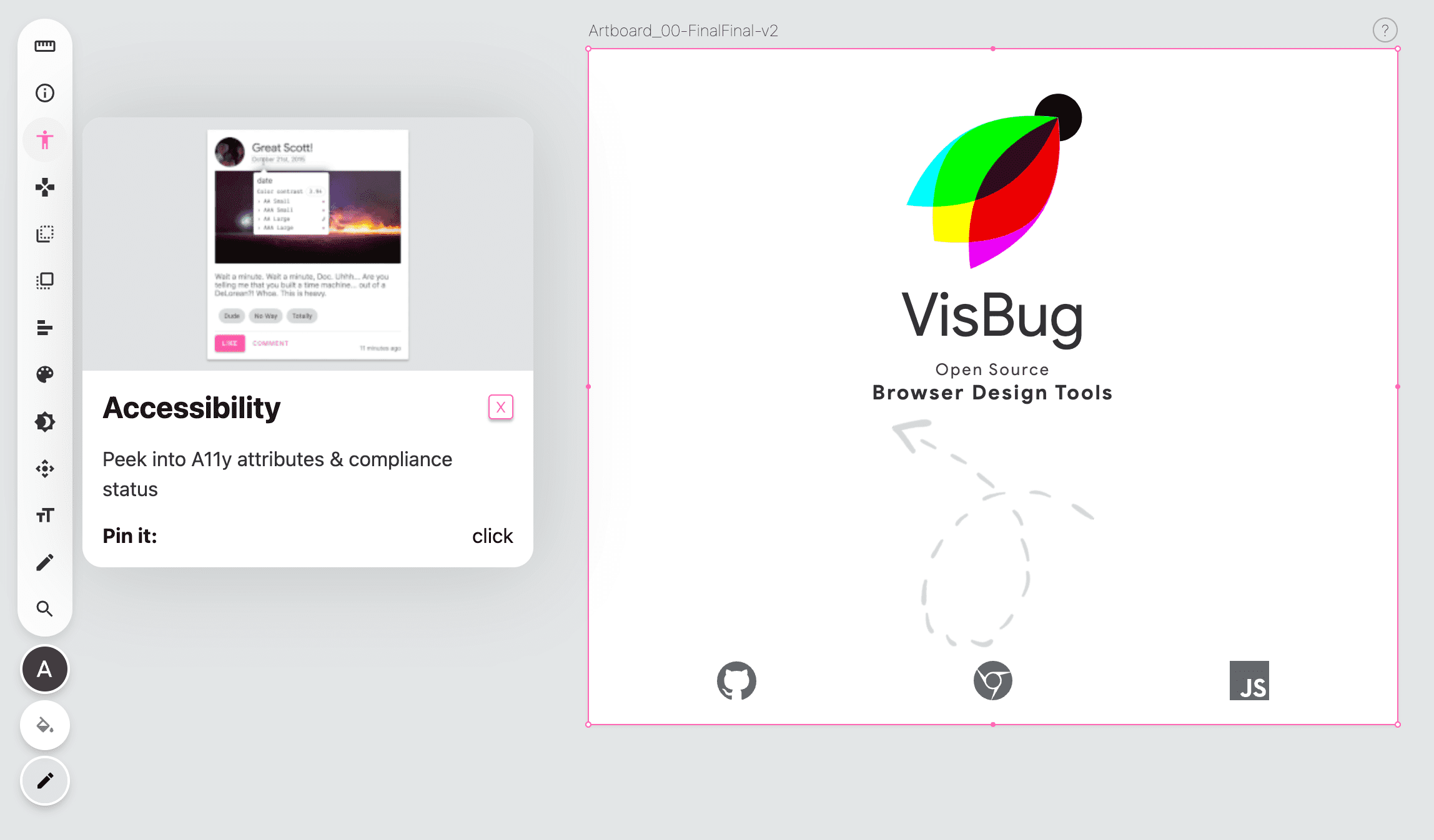 空白頁面左側的 VisBug 工具列螢幕截圖,無障礙工具圖示為粉紅色,並顯示彈出式視窗,提供工具操作說明。